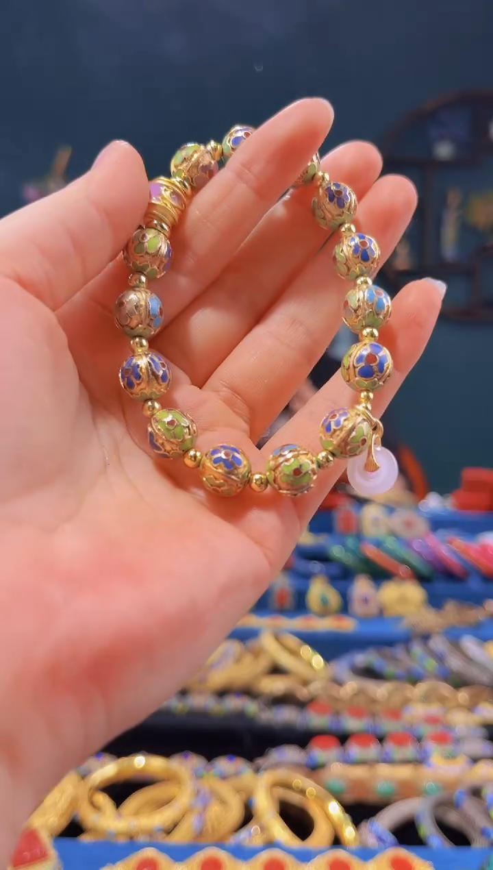 【闪购商品】非遗绝技 景泰蓝金地瓜棱手串 粉