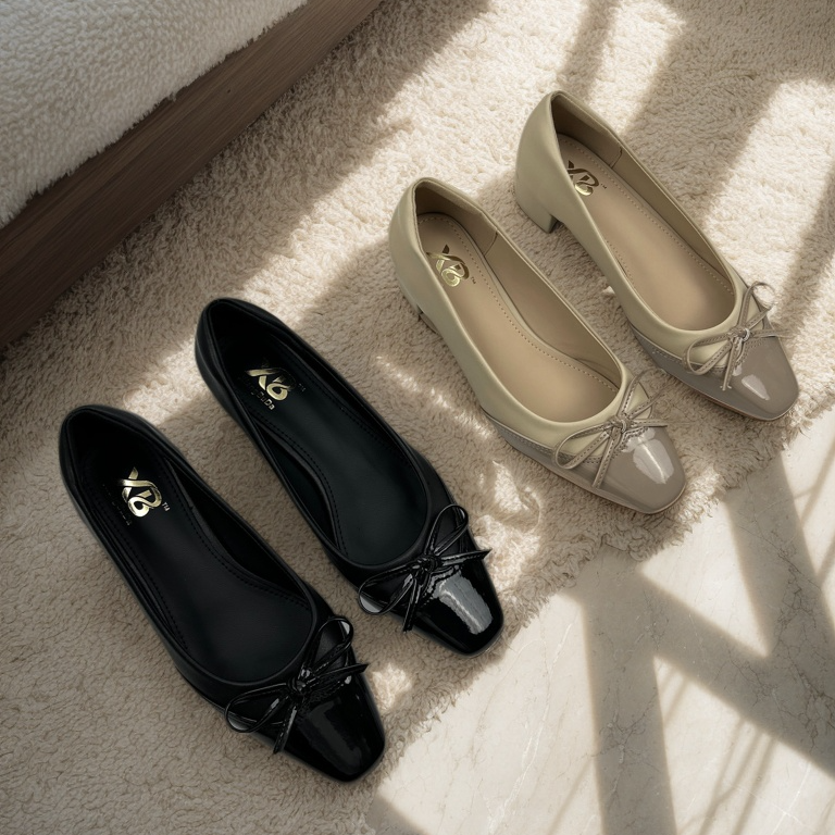 百搭时尚粗跟方头浅口单鞋黑色蝴蝶结优雅高跟鞋通勤休闲舒适女鞋