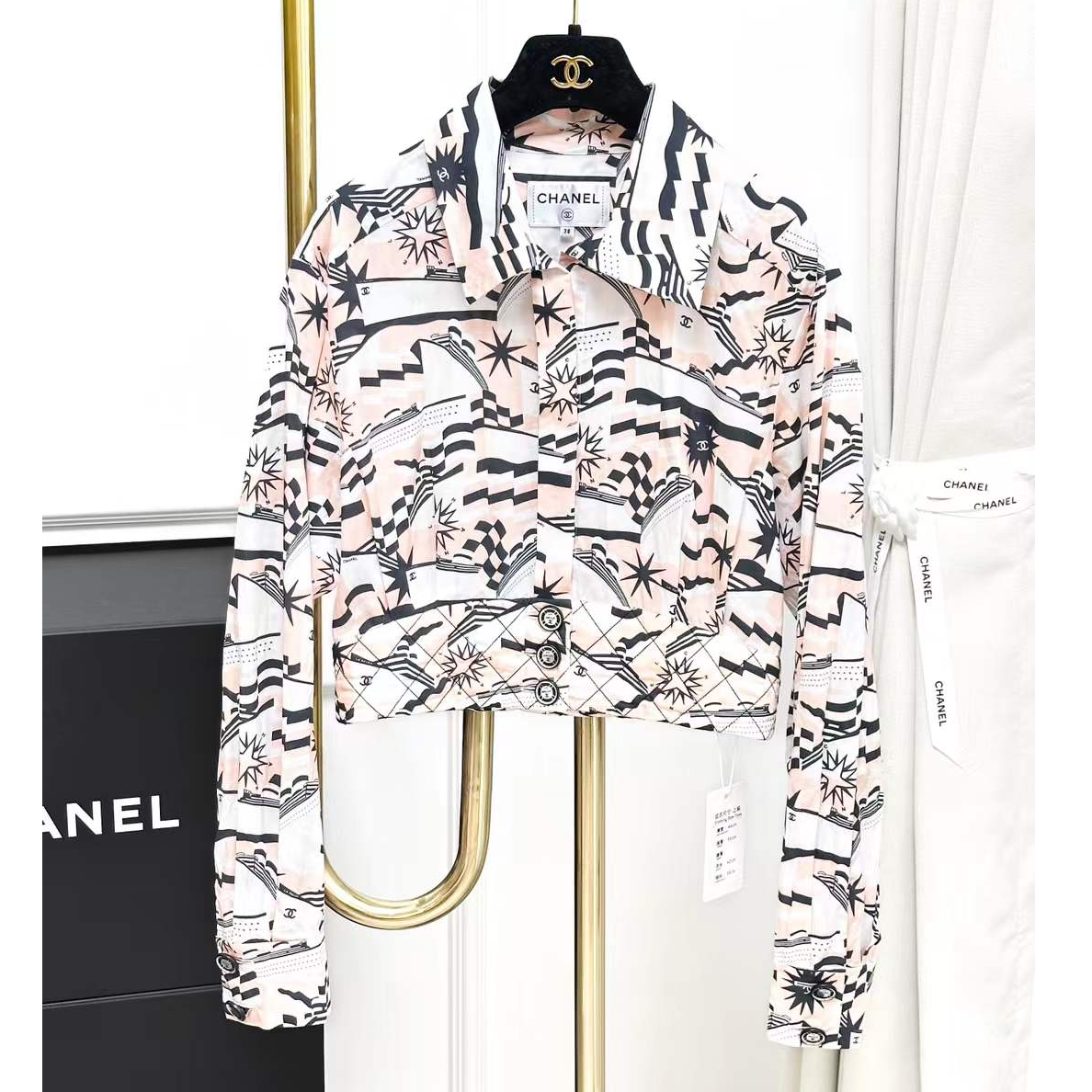 99新 Chanel/香奈儿 38码19C游轮系列航海图案满印花衬衫上衣