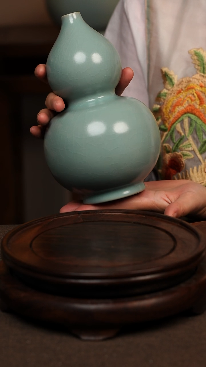 瓷片仿古天青摆件葫芦 微瑕 不带礼盒