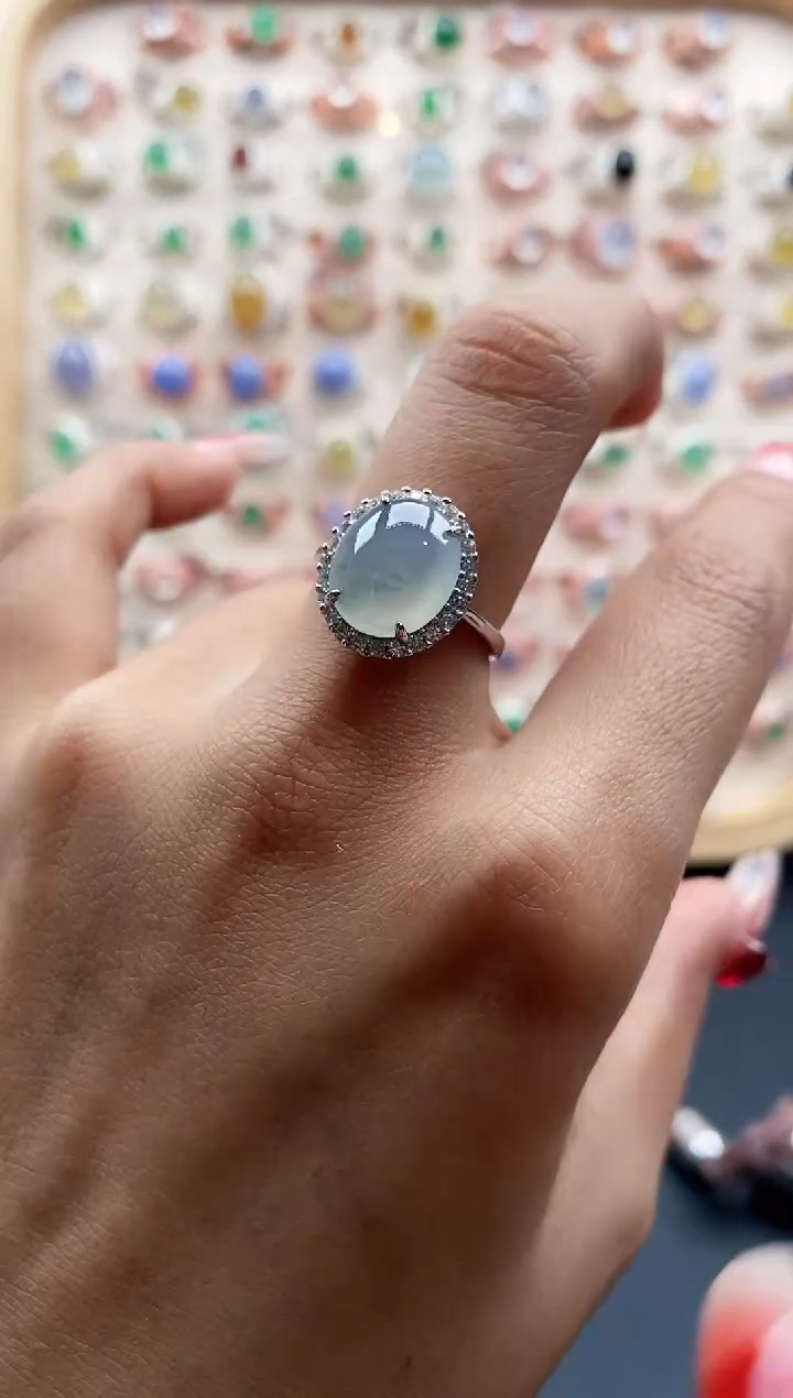 【闪购商品】翡翠戒指银S925镶嵌缅甸天然A货翡翠222 2+10