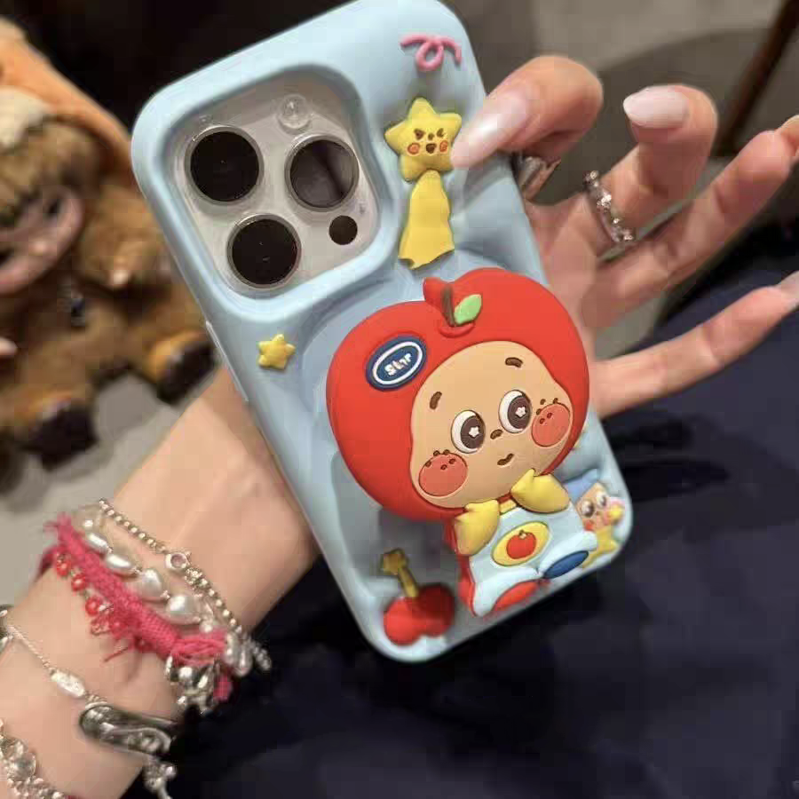苹果|卡通苹果头套星星人支架适用iPhone16可爱ins韩软硅胶手机壳