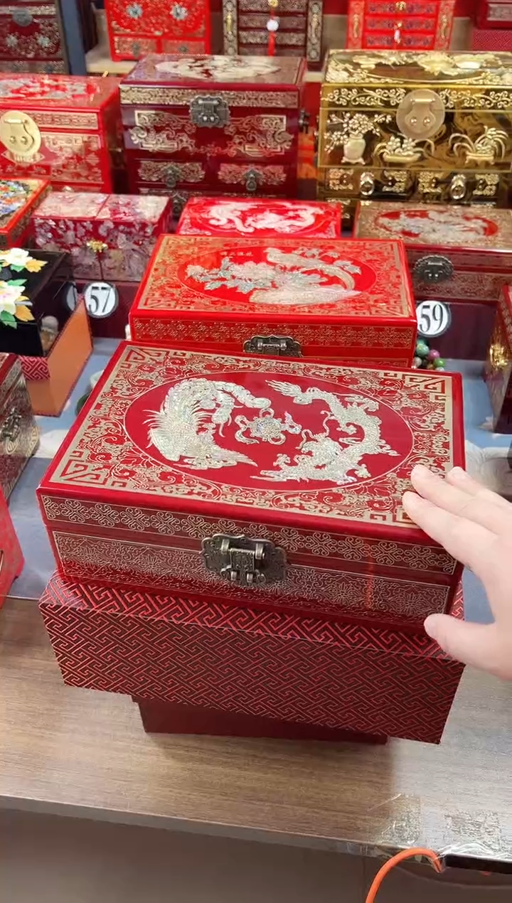 【闪购商品】28厘米双层大空间掐丝螺钿酒红色龙凤呈祥