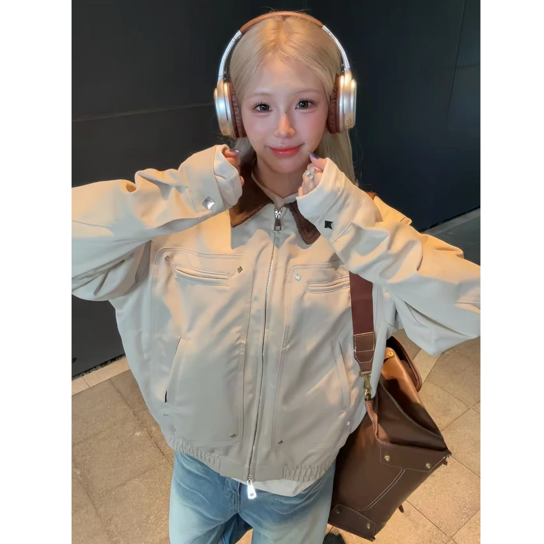 复古初秋巴恩风工装外套休闲时尚百搭翻领撞色设计夹克潮流上衣