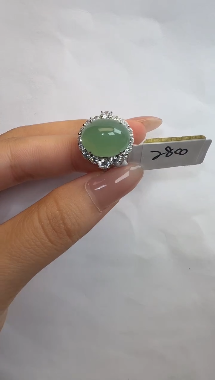 银S925镶嵌戒指翡翠通体925银镶缅甸A货翡翠戒指0295