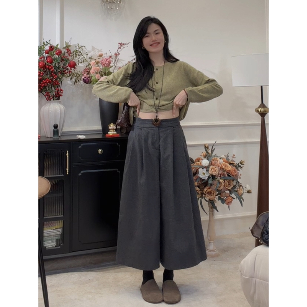 【山野】2025新款阔腿八分裤纯色厚款慵懒风拼接女装秋季裤子显瘦