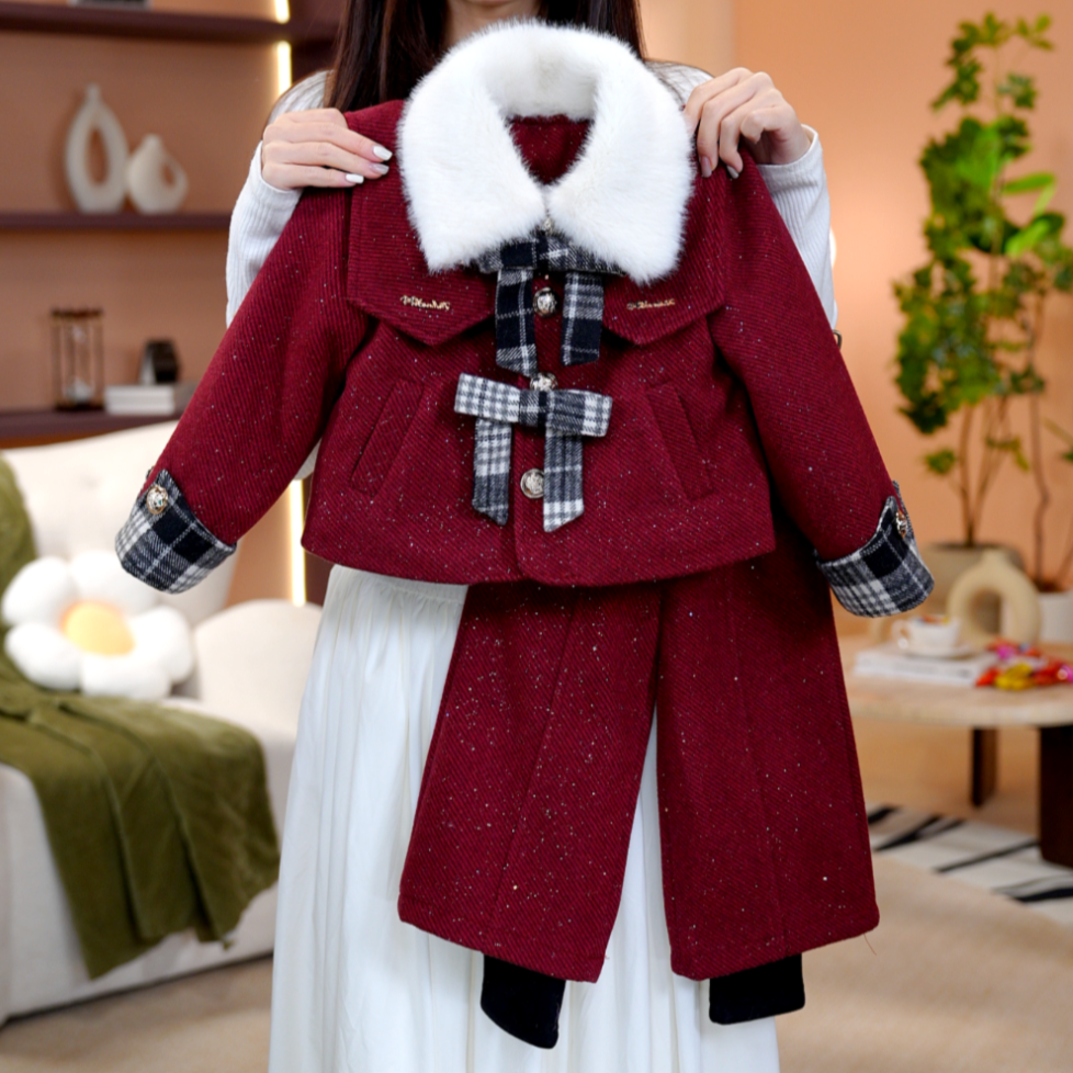 【圣诞】女童秋冬长袖小香风裤子加绒加厚英伦女孩呢子套装DS20061