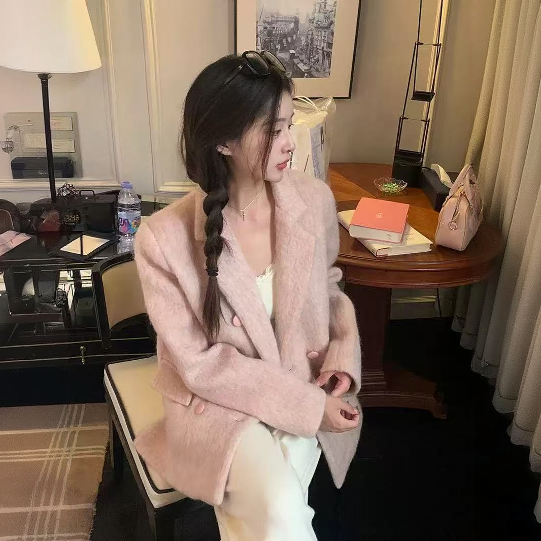 粉色羊毛呢西装外套女秋冬韩系高级西服上衣