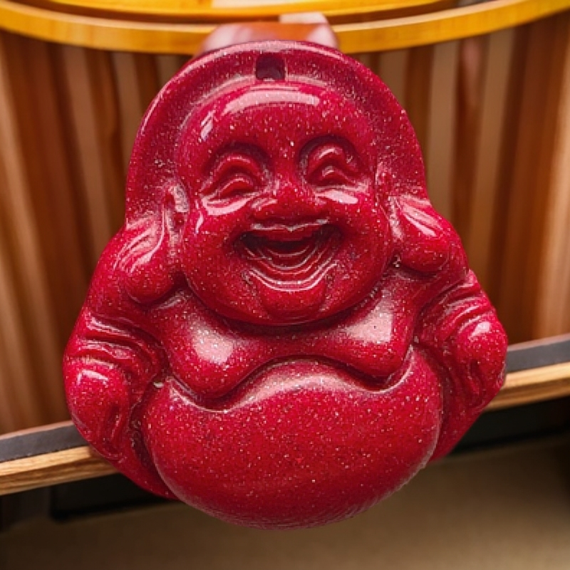 含辰砂工艺品天然朱砂红晶砂晶粉砂弥勒笑佛吊坠男女款