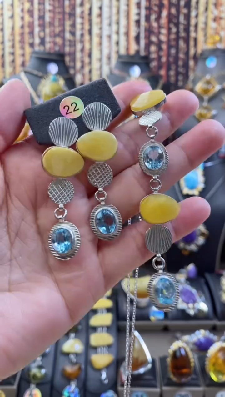 银S925镶嵌颈饰琥珀套装