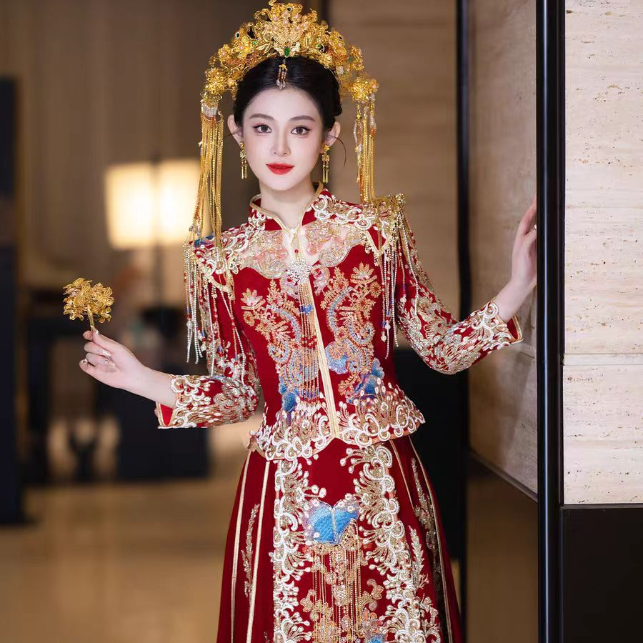 2025新款秋冬丝绒车厘子红重工奢华高端秀禾服婚服满绣花精致大气