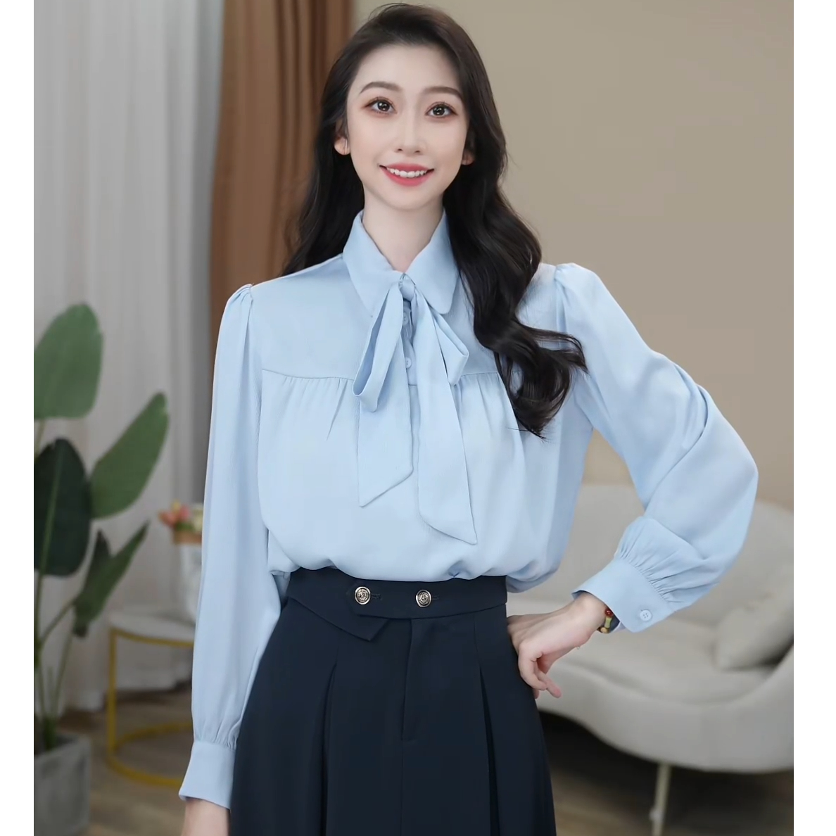 【曼贝】新款蓝色长袖衬衫女高级感气质显瘦职业2025812【甜甜】