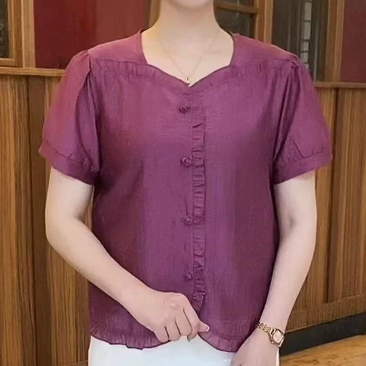 洋气木耳边设计感妈妈装纯色短袖套头小衫014