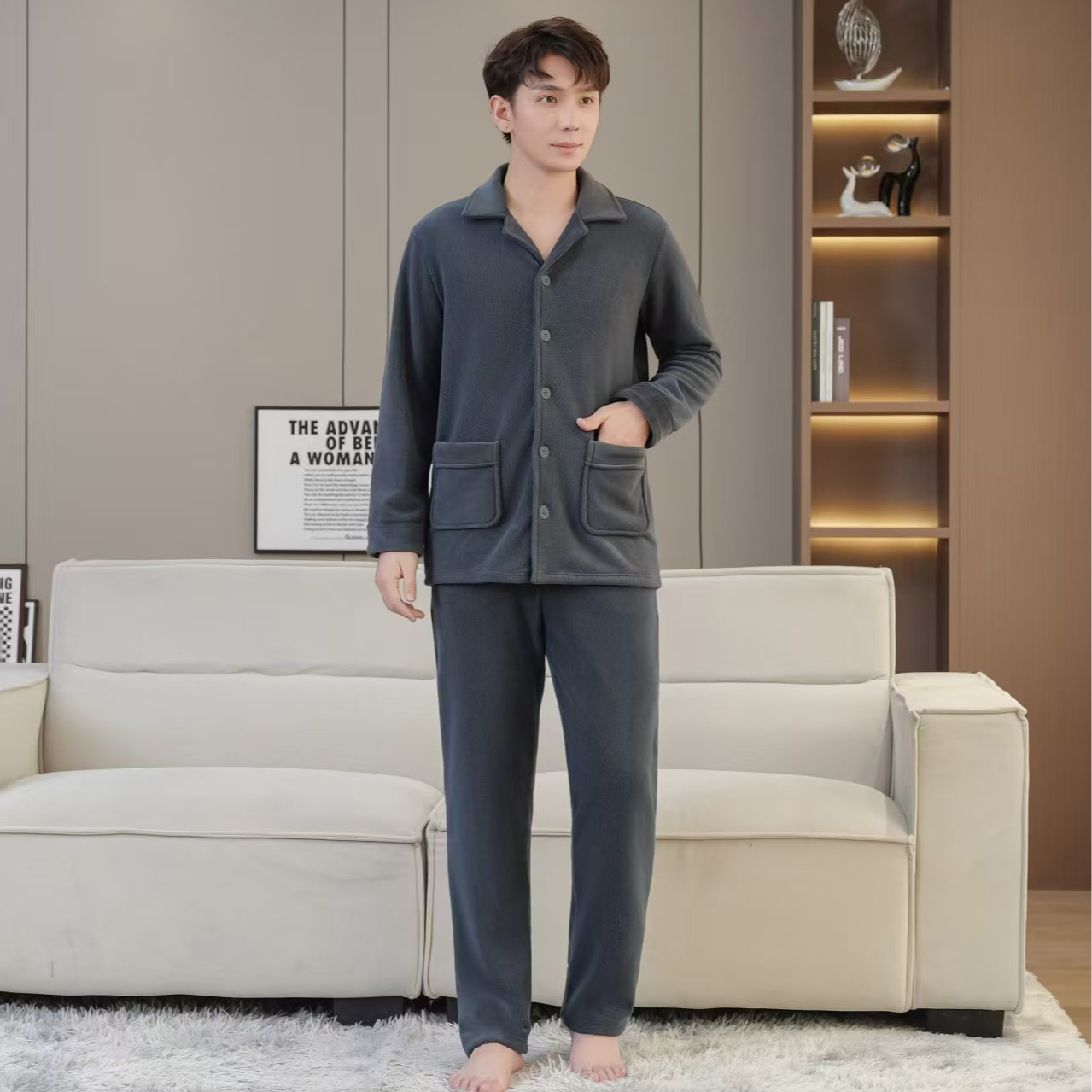 V/雅鹿家居服套装冬季家居服保暖纯色春秋长袖中年灰色睡衣
