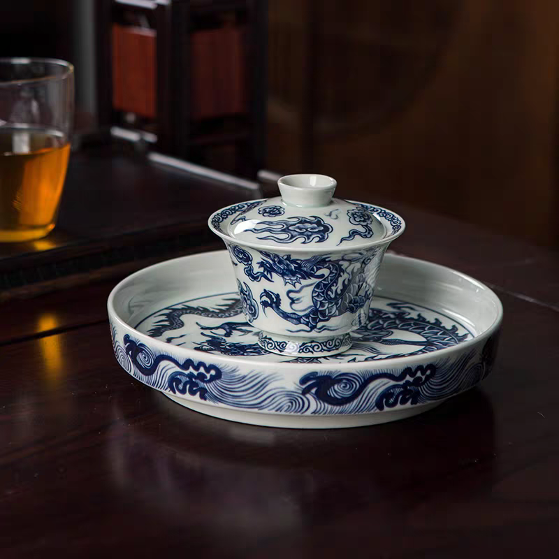 景德镇手工制作仿古泥釉下彩青花瓷穿云龙高端陶瓷茶具三才盖碗