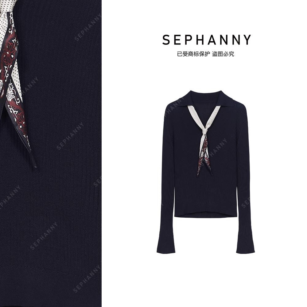 SEPHANNY 早秋丝巾微喇长袖针织衫