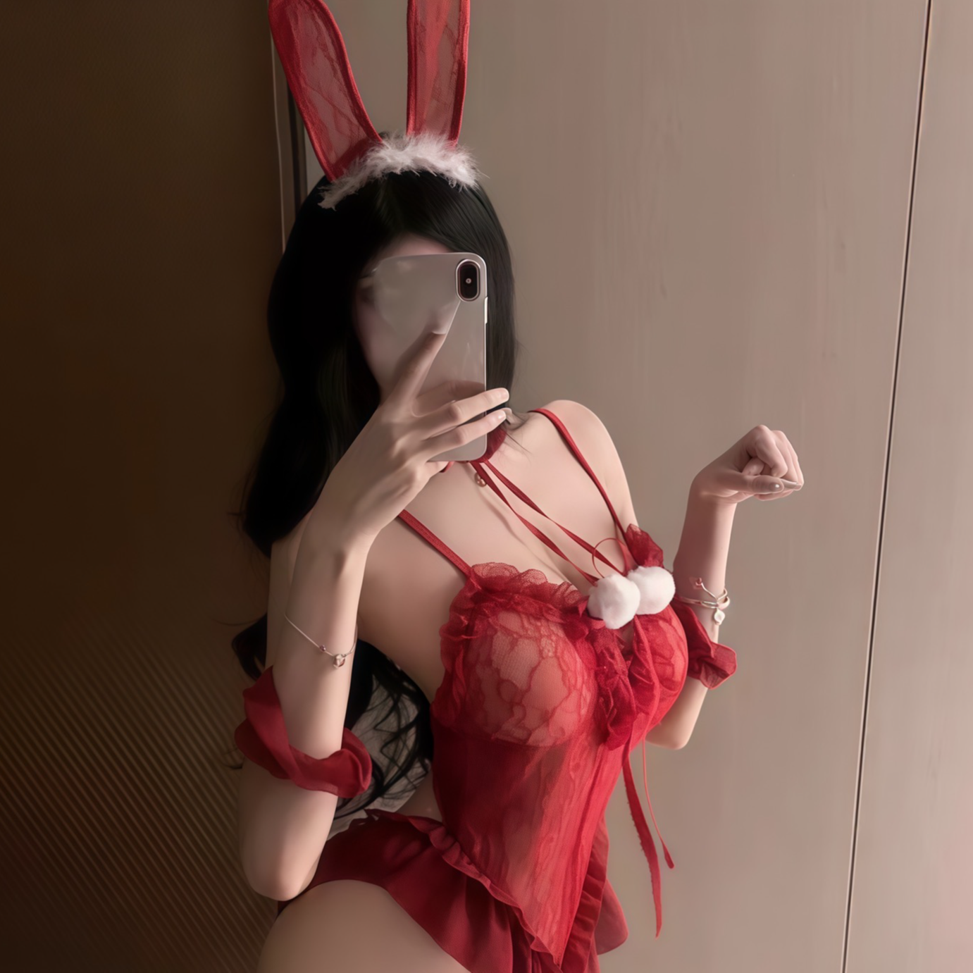 【妲己兔女郎】性感吊带深V蕾丝聚拢红色薄款火辣纯欲修身显瘦睡裙