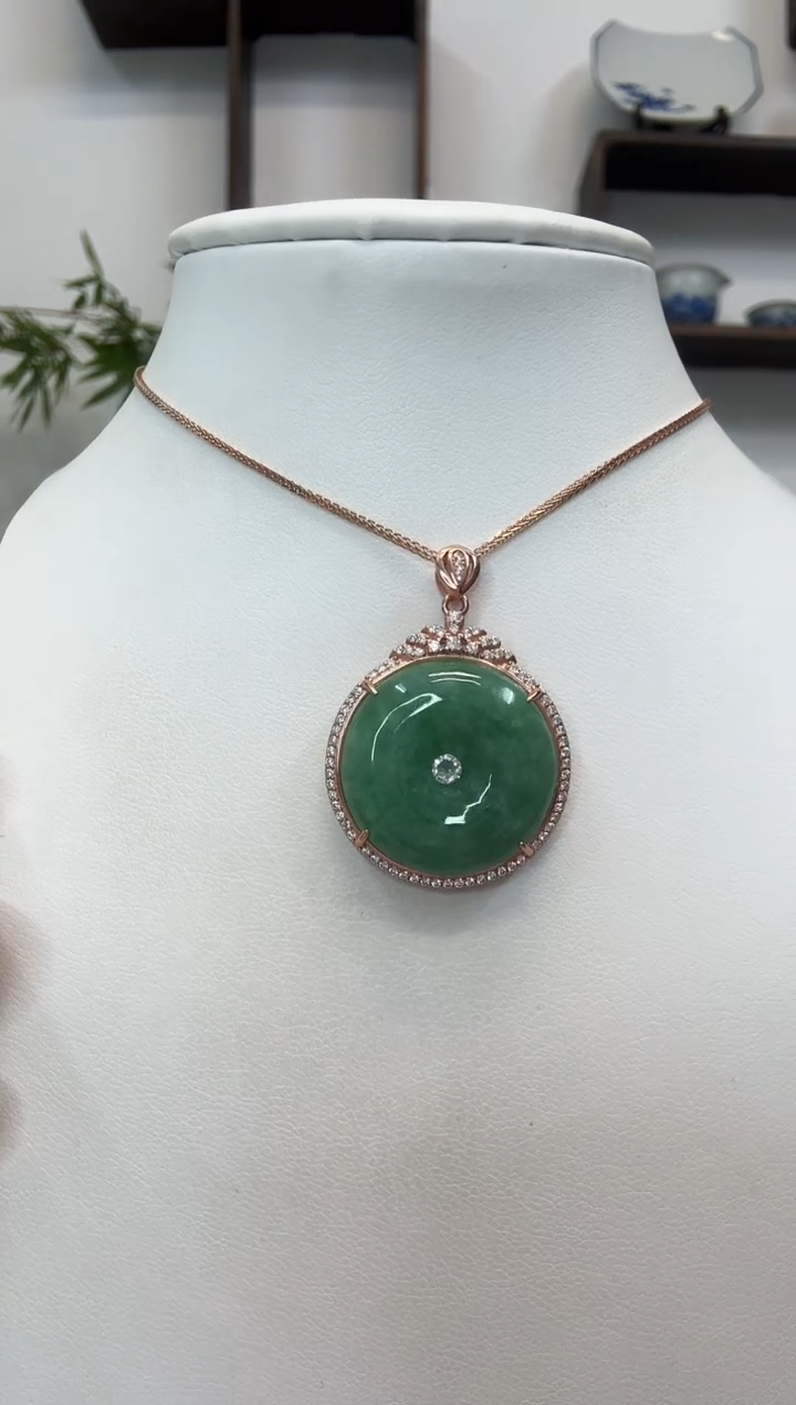 吊坠(赠链)银S925镶嵌翡翠平安扣玫瑰边