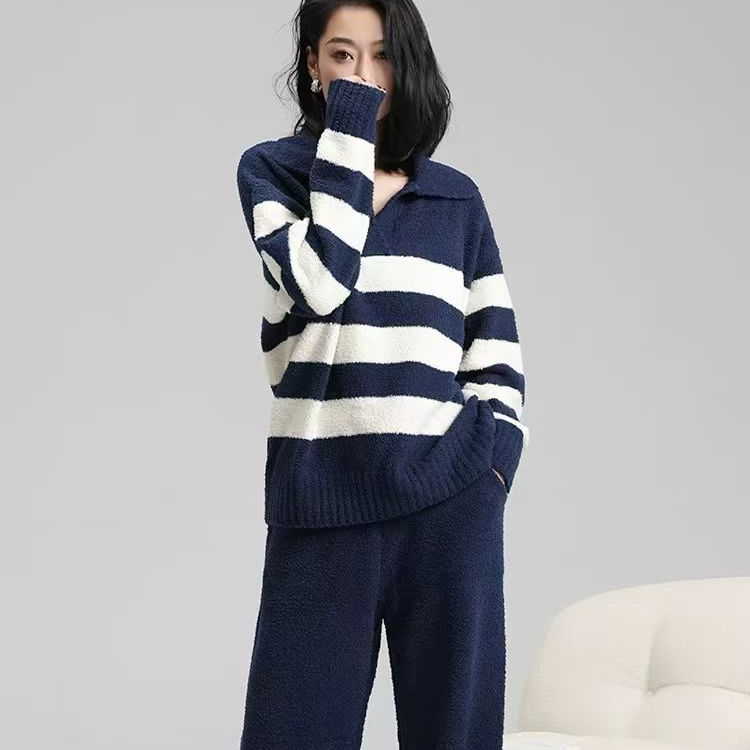 加厚半边绒家居服宽松保暖条纹慵懒家居服套装睡衣可外穿长袖