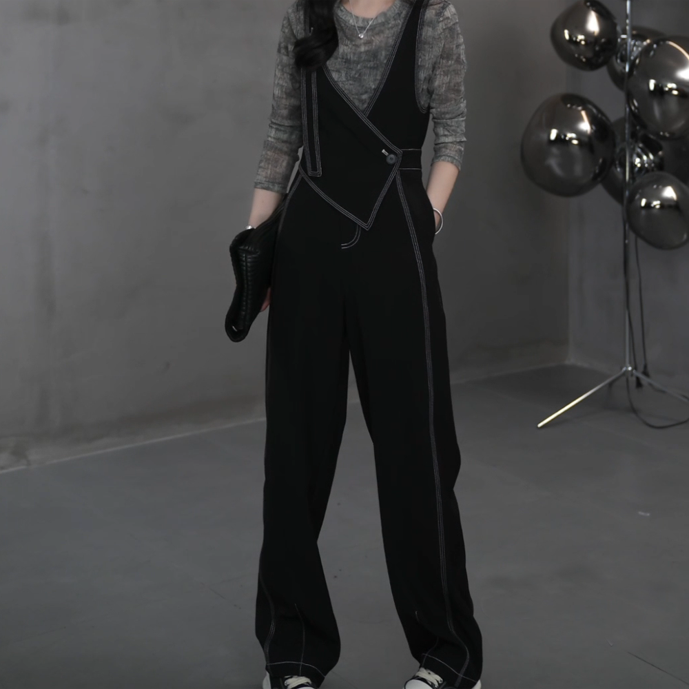 时尚重工设计师双肩带酷飒风洋气纯色显瘦衣服连体裤休闲裤裤子