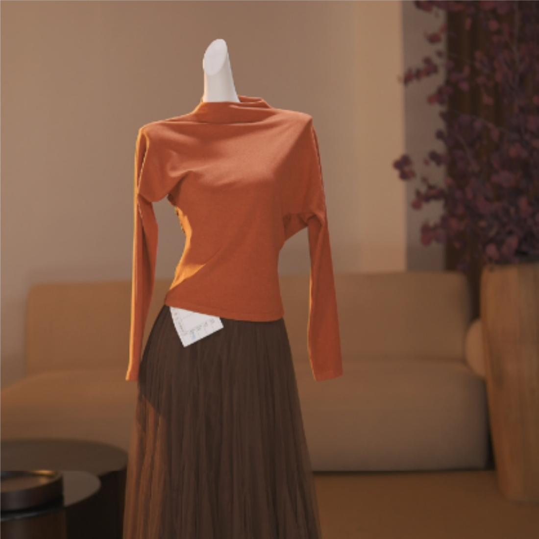 【袁小姐】橙风破浪 法式高级感不对称抽褶长袖T恤-HZ1175