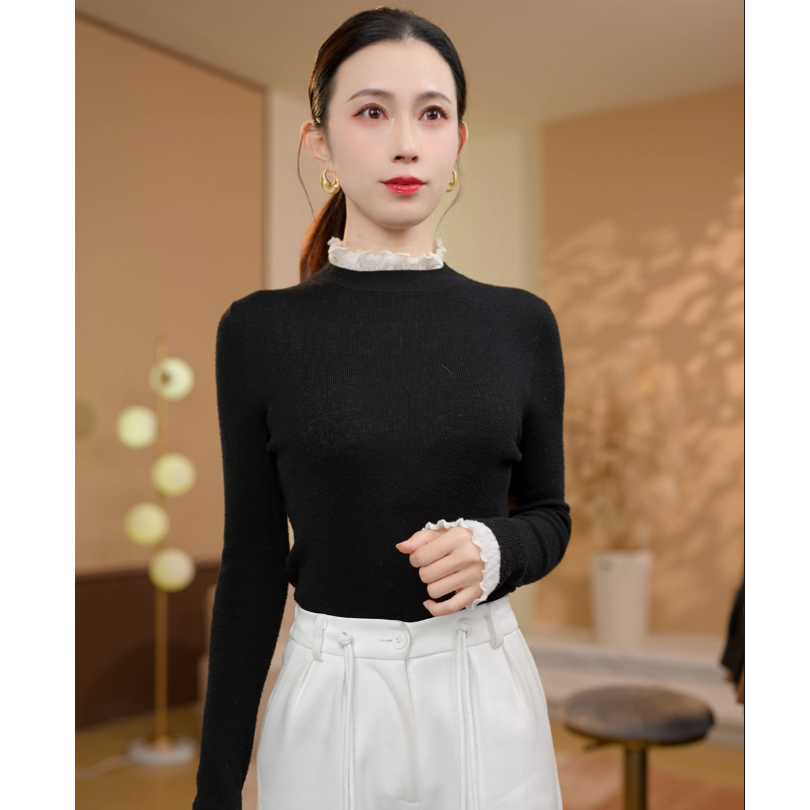【妙璎羽】2025上新秋冬款蕾丝领蕾丝长袖针织时尚打底衫XN5201