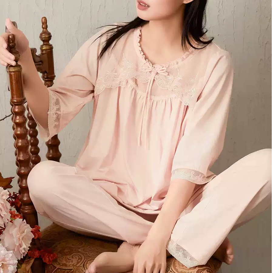 新中式国风睡衣女薄款棉七分袖甜美公主风宽松粉色春秋款9435