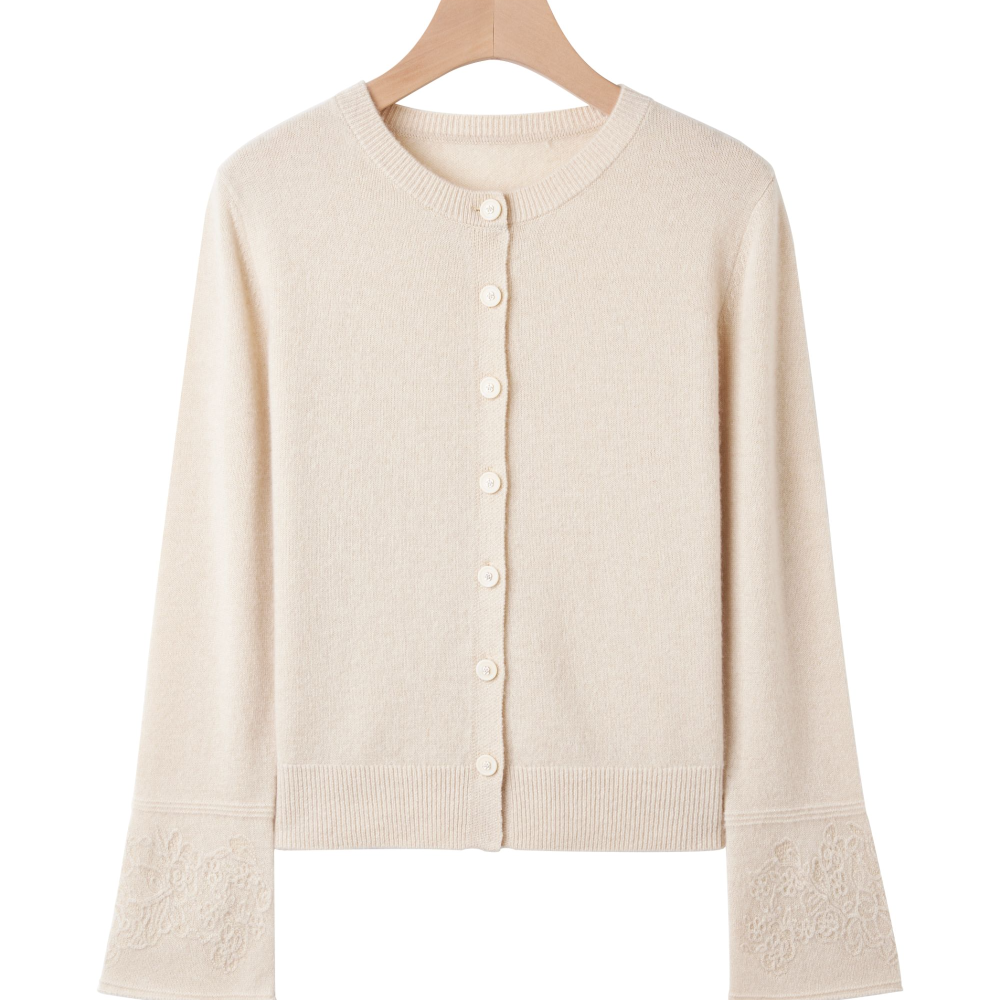 工艺浮雕提花袖圆领针织羊绒气质典雅开衫上衣女 PX-2042