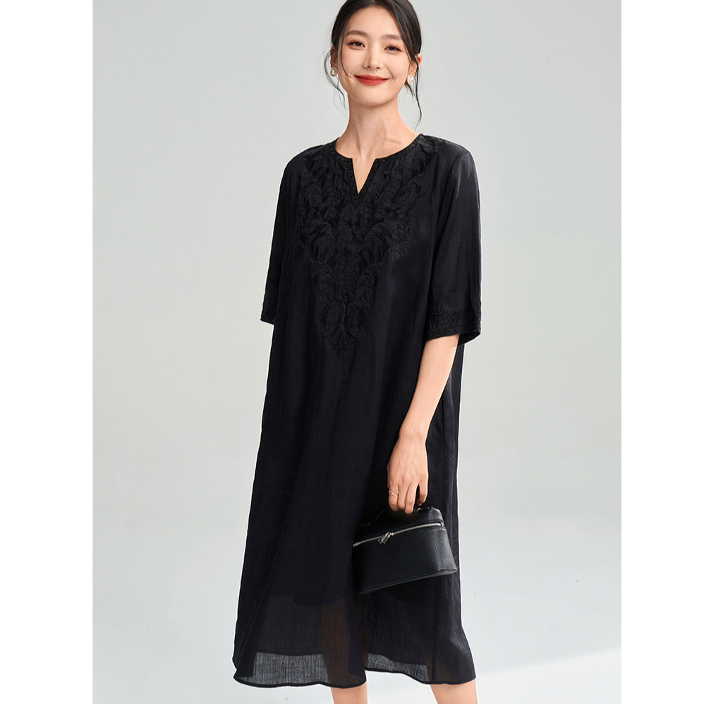 100苎麻刺绣凉感透气复古文艺宽松显瘦连衣 裙25036
