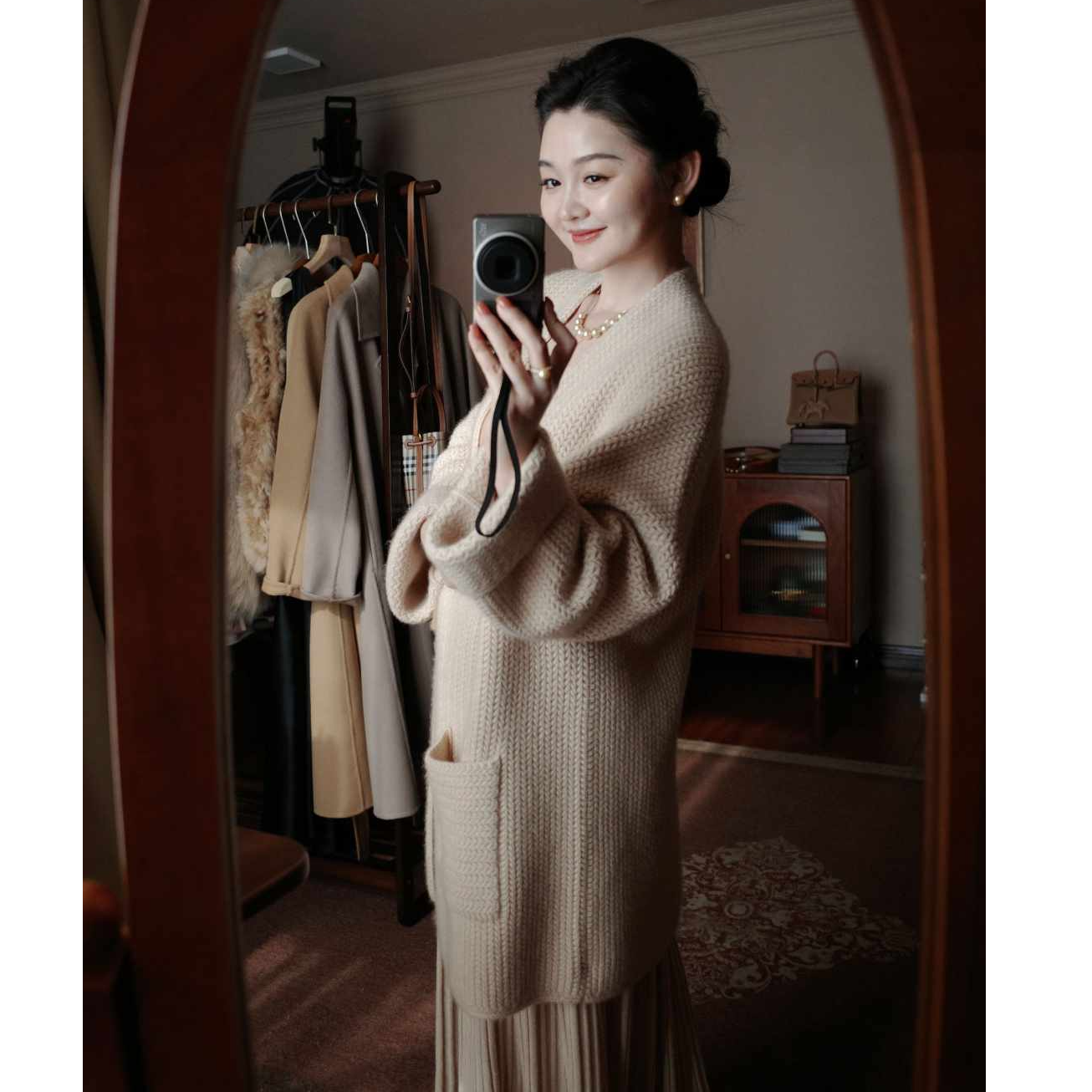 高奢阿拉善山羊绒复古老钱风粗针厚开衫羊毛外套女秋冬51A080814