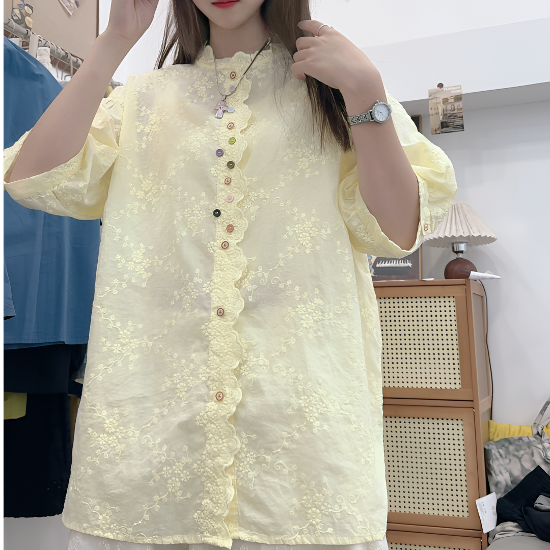 夏日必备~三色!韩系宽松大版刺绣百搭减龄甜美彩扣碎花衬衫上衣女