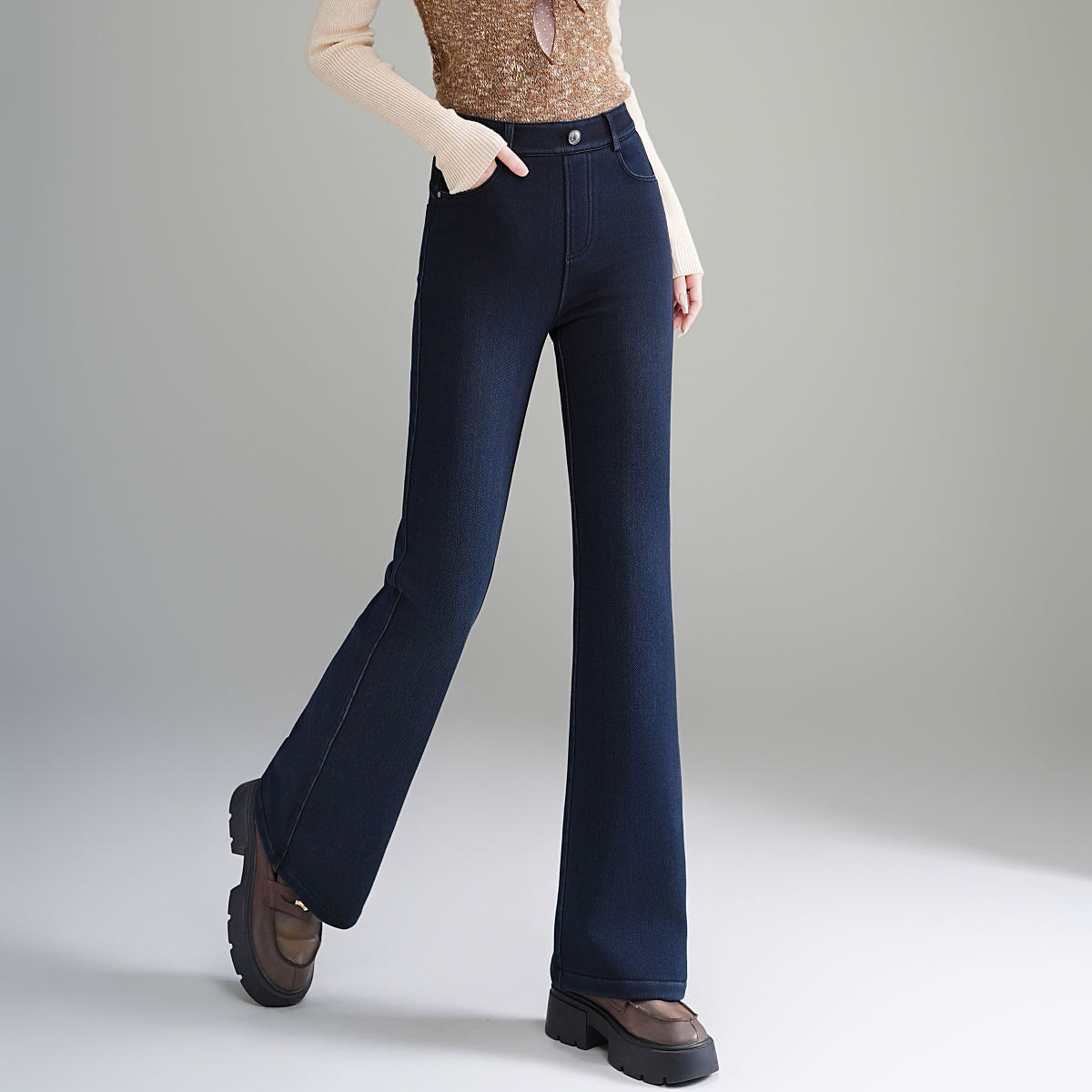 【微喇裤5.0】醋酸天丝2025新款加绒加厚绵羊毛微喇叭牛仔裤7757