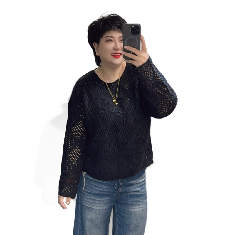 8035秋季新品黑色镂空毛衣/IT