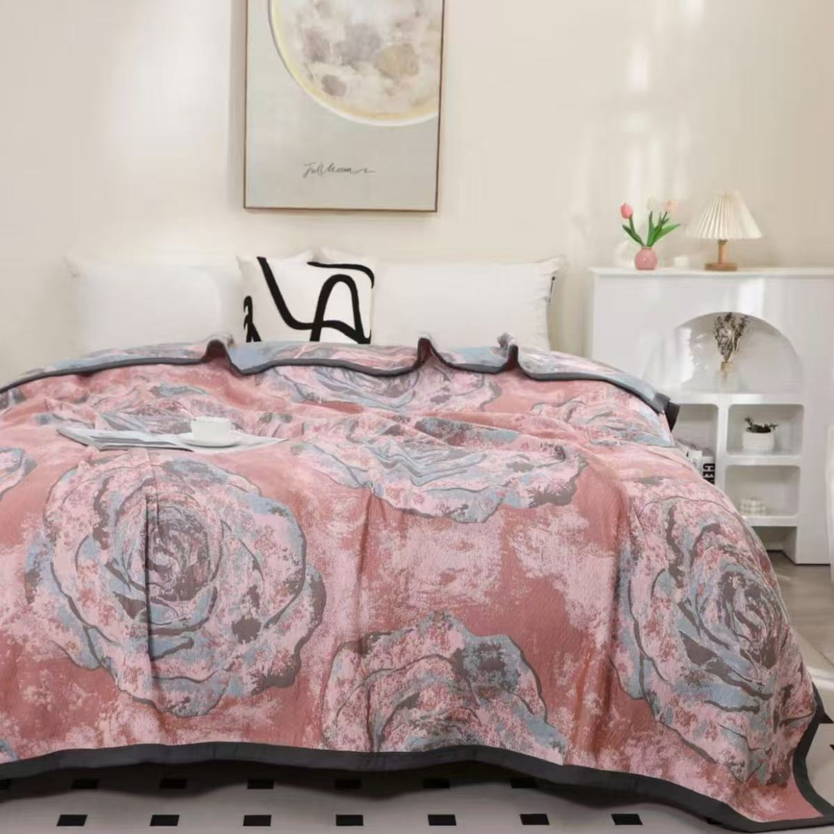 高端海岛棉纱布盖毯三件套粉色玫瑰230*250