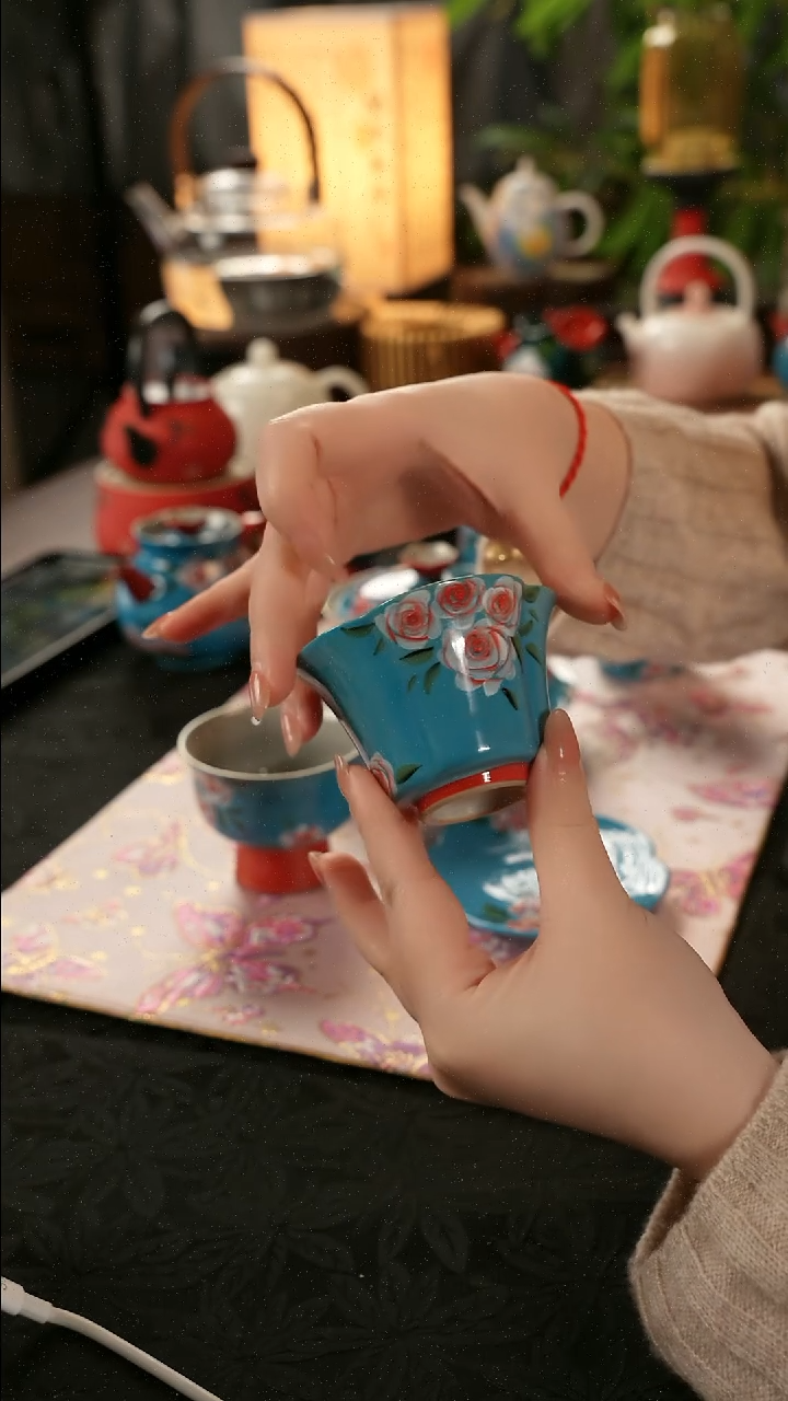 陶瓷茶具亮面玫瑰四角梅花杯