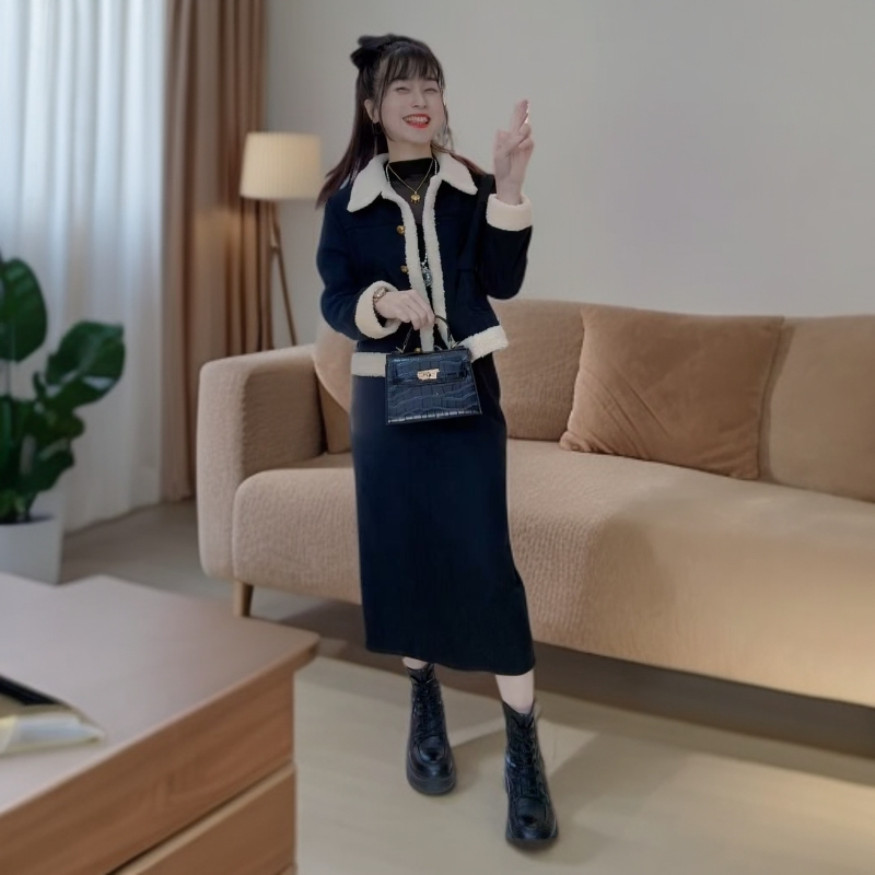 小香风【加绒】套装2025新款爆款黑色短外套半身裙显瘦时尚套装