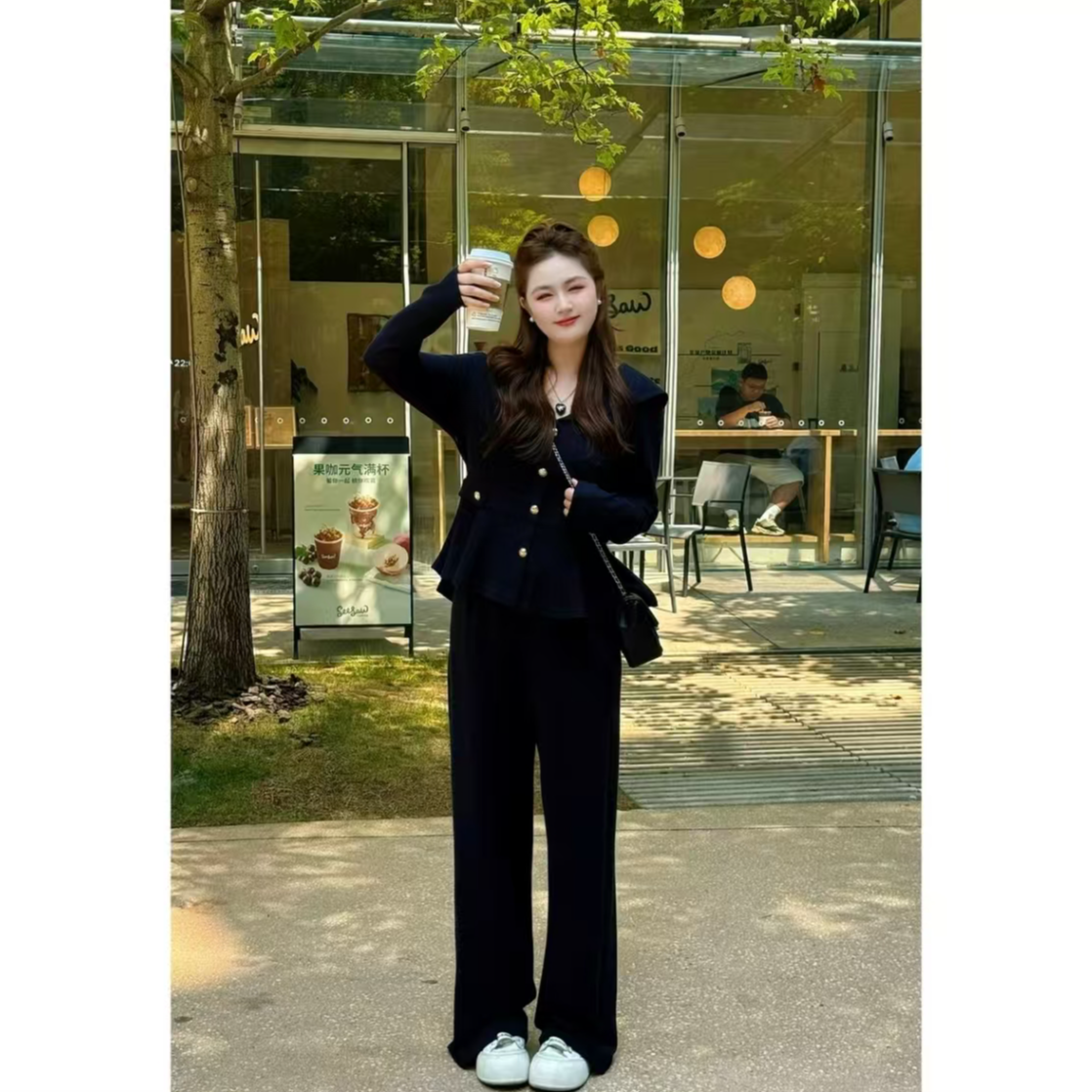【两件套】秋季气质洋气减龄披肩领金扣显瘦遮肉大码女装长袖套装