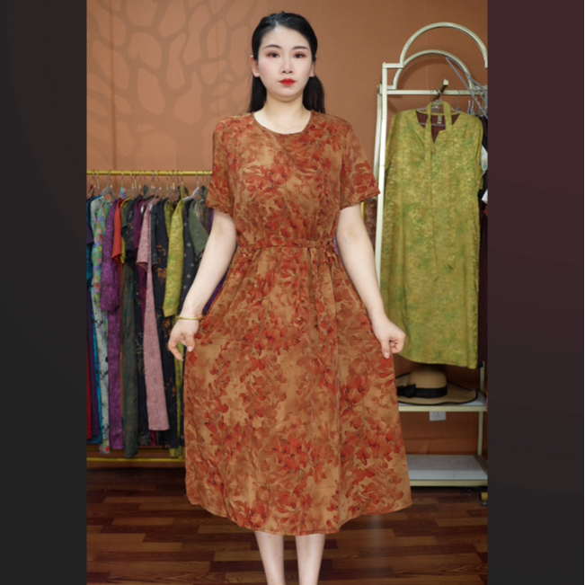 【福利橘红收腰】夏季妈妈装高端时尚连衣裙气质中年女装优雅长裙
