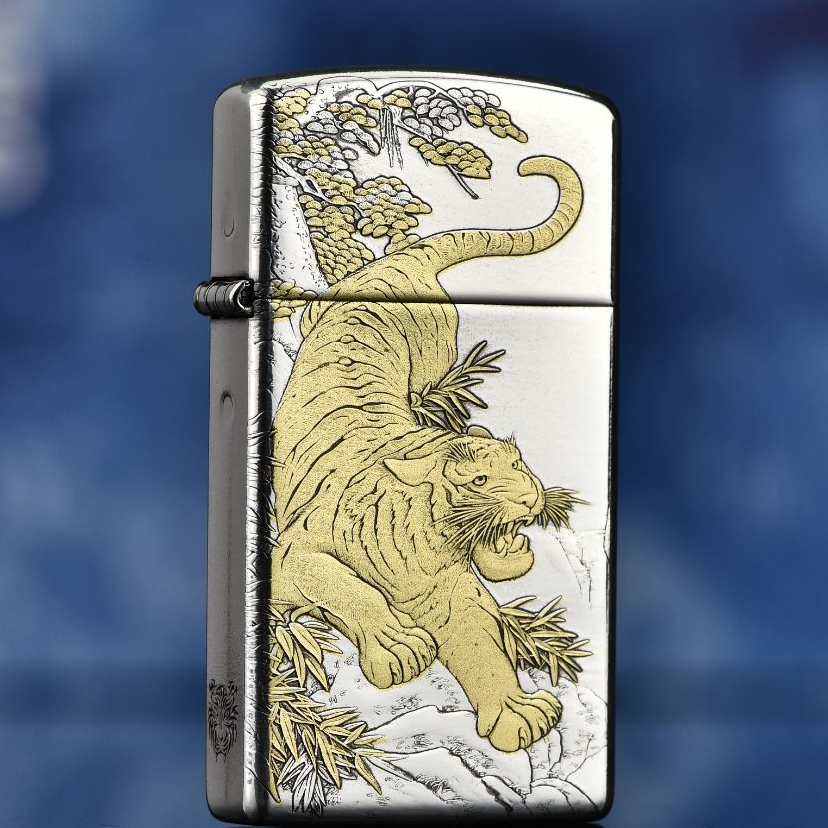 Zippo打火机正版纤巧窄机镀银鎏金双色虎虎生威防风送礼DYJ1