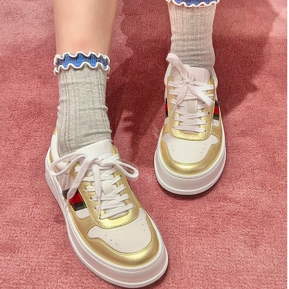 未使用 GUCCI/古驰 白金拼色厚底饼干鞋小白鞋女鞋/鞋码35运动