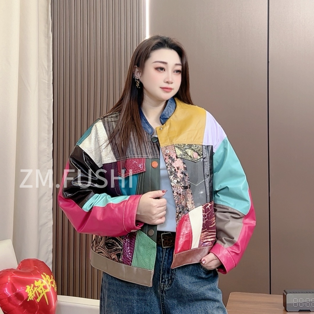 2025.新款设计师版撞色高级真皮皮衣百搭时尚