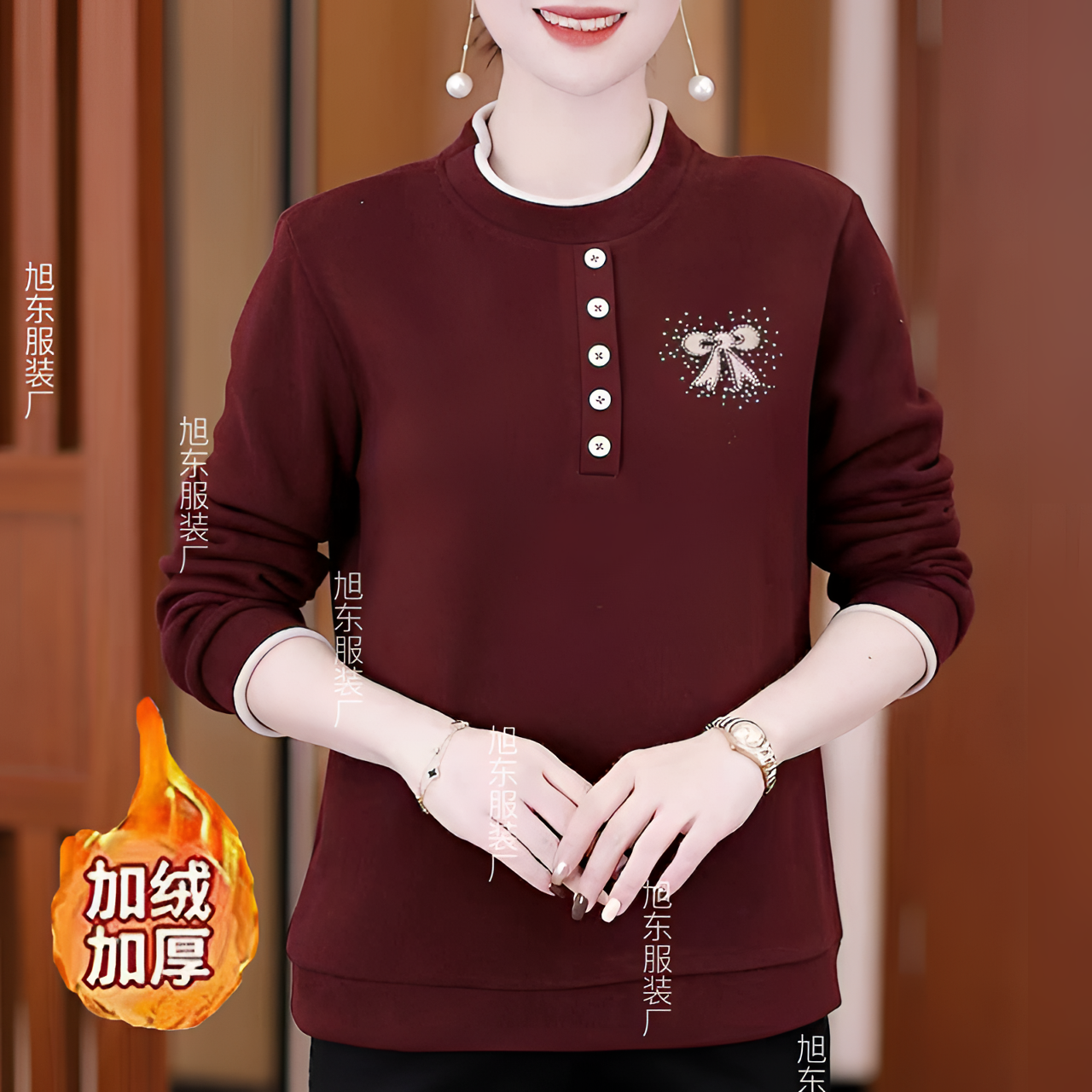 【加绒加厚】女装撞色圆领保暖冬款轻奢印花宽松百搭长袖上衣打底