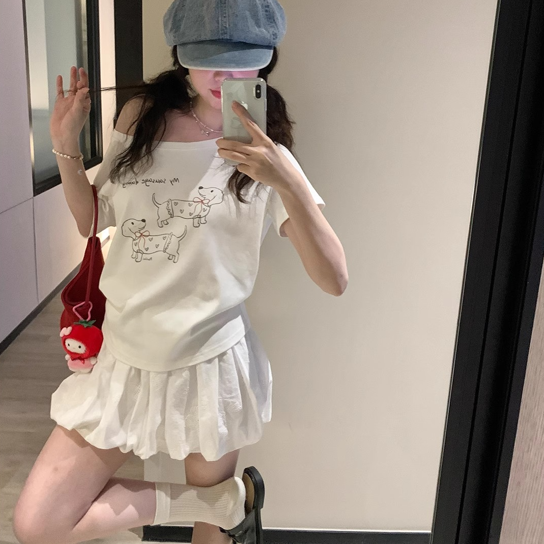 夏季美式纯欲斜肩小狗派对辣妹上衣女腊肠狗露肩设计感显瘦T恤潮