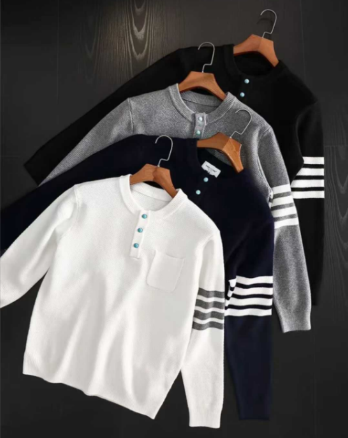 【潮燃社】秋季冬季常规条纹针织针织衫毛衣修身时尚圆领扣78303