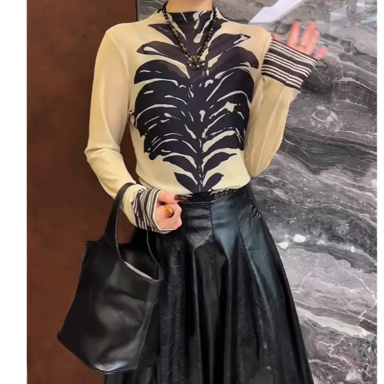 D0002欧洲站新款女显瘦时尚百搭立领印花洋气长袖打底衫上衣