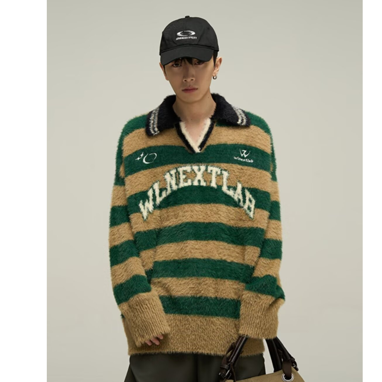 美式复古貂毛绒polo领毛衣秋冬新款潮牌字母刺绣翻领宽松针织衫男