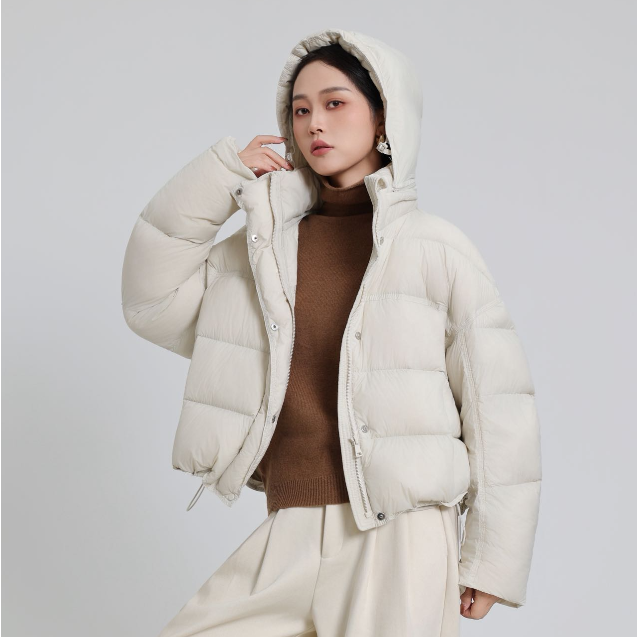 【90绒子白鸭绒】25款冬季小个子立领连帽短款泡芙款百搭羽绒服
