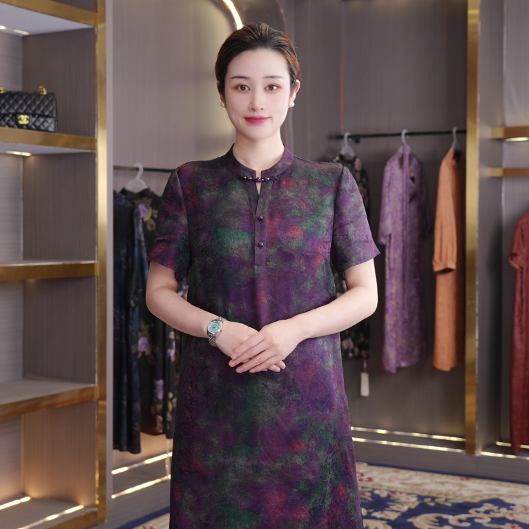 [紫雾青萝] 26新款提花缎花萝琉璃扣香云纱连衣裙气质LY020