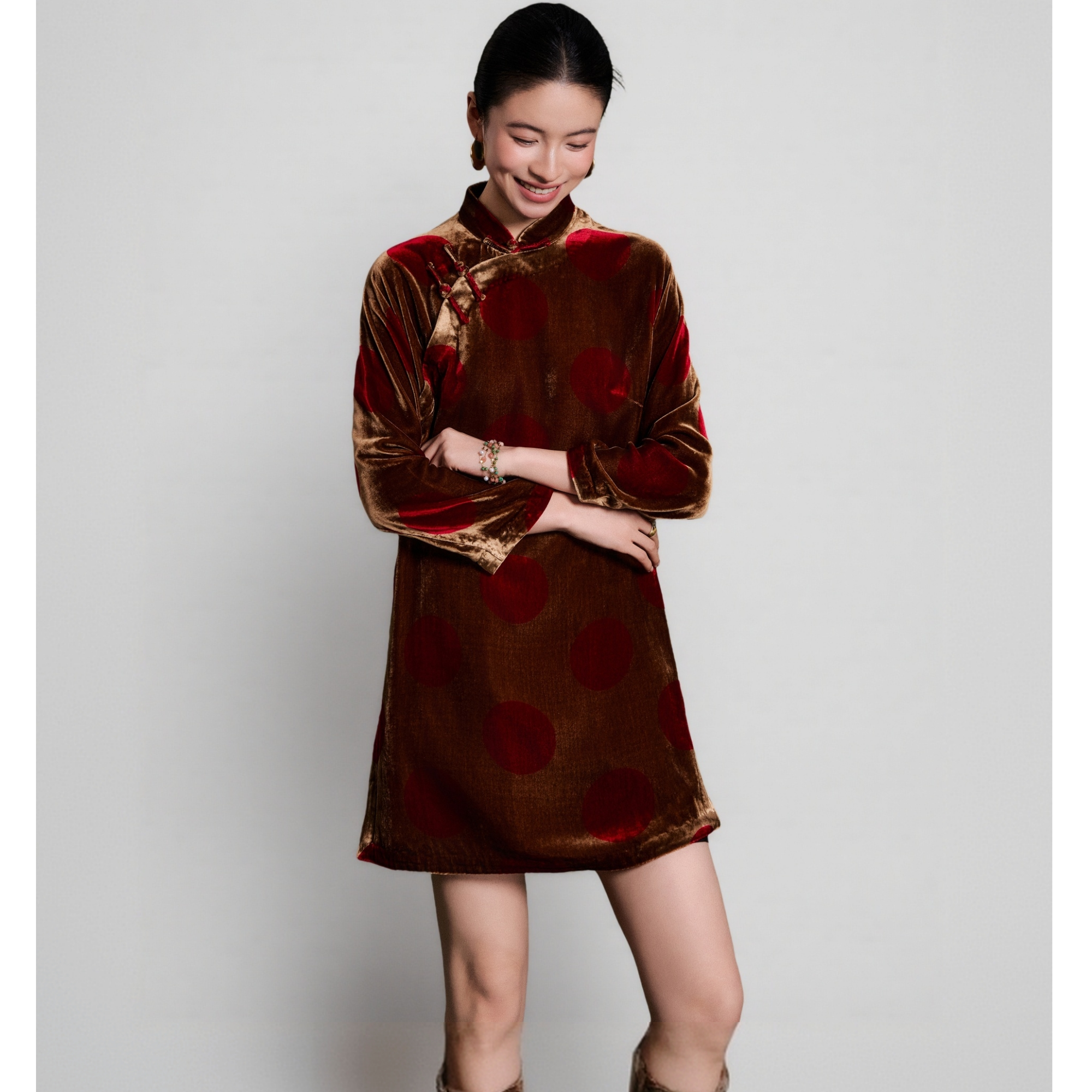 初见十三娘『婉風』中式国风重磅真丝丝绒奥黛汉服旗袍复古女装