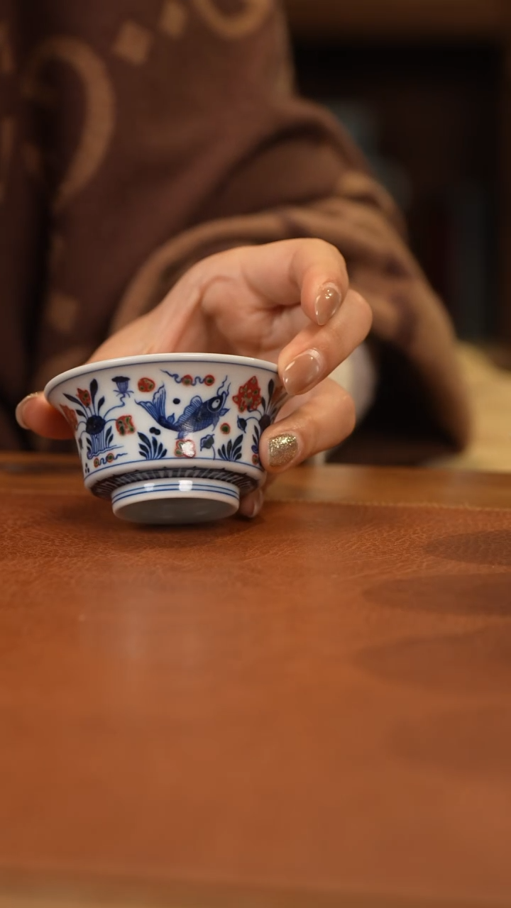 【闪购商品】杯和然窑釉里红鱼藻马蹄杯